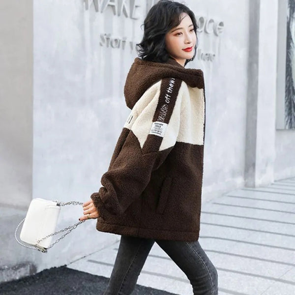 2022 New Jacket Women Autumn Winter Patchwork Letter Embroidery Fashion Outerwea Loose Casual Thicken Warm Female Hooded Coats