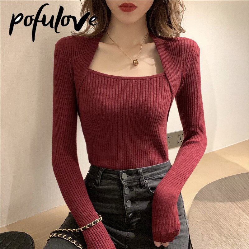 Women Sweater Pullover Long Sleeve Top Square Collar Casual Fashion Women Jumper Sexy Knitwear Sweater Tops Dropshipping