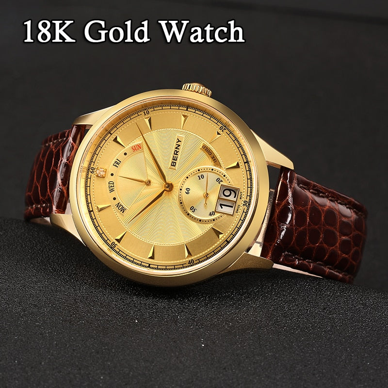 Berny 18K Gold Men Watches Swiss Movement Quartz Wristwatch Day Date Calendar Luxury Business Style Wateproof Relogio Masculino