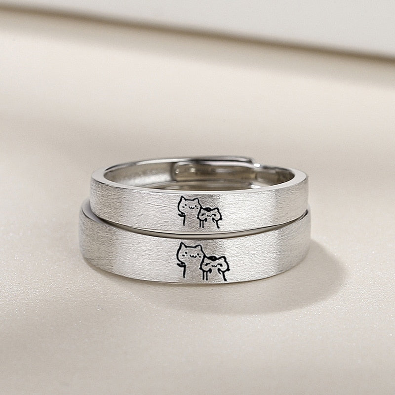 1Pair Kitten Couple Rings Cute Sliver Cat Open Ring For Women Men Adjustable Finger Rings Romantic Lovers Anniversary Jewelry