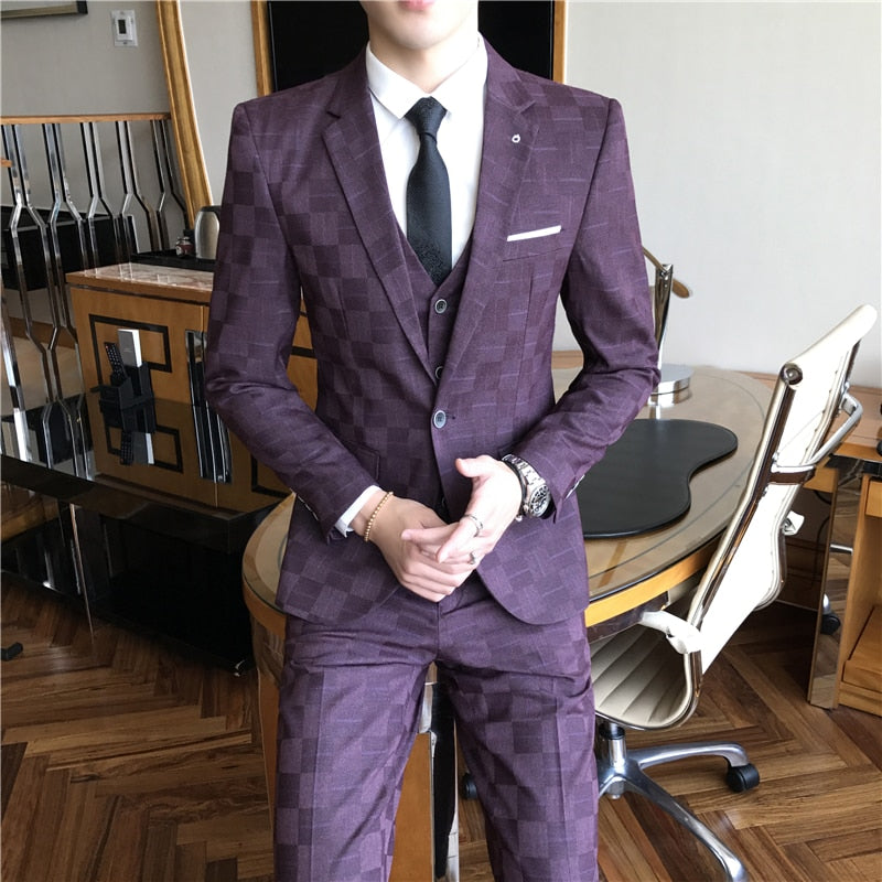 Jacket Pants Vest Men 3 Pieces Slim Casual Suit Trousers Set Male Wedding Groom Dress Business Blazers Coat Trousers Waistcoat