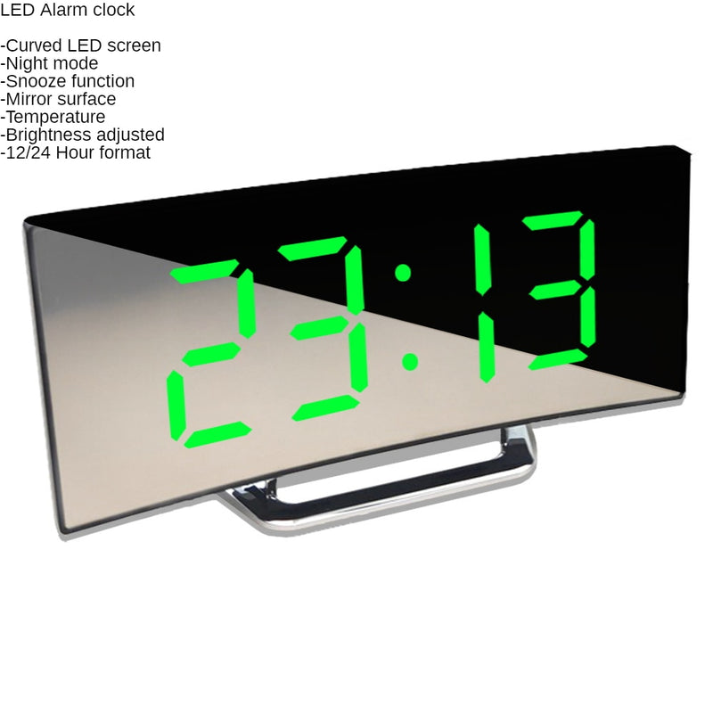 Led Alarm Clock Digital Child Electronic Alarm Clocks Curved Screen Mirror Temperature Clock with Snooze Function Desk Clock