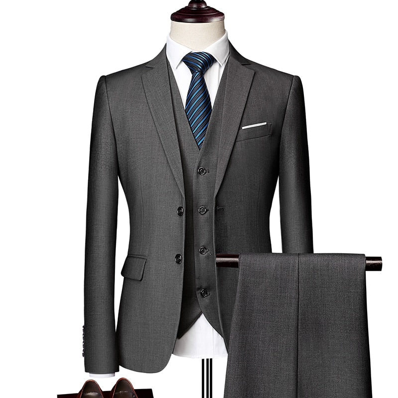 (Jacket + Vest + Pants) Men&#39;s Suit Three-piece Suit, New Solid Color Slim-fit Boutique Business Fashion Men&#39;s Clothing Suit Set