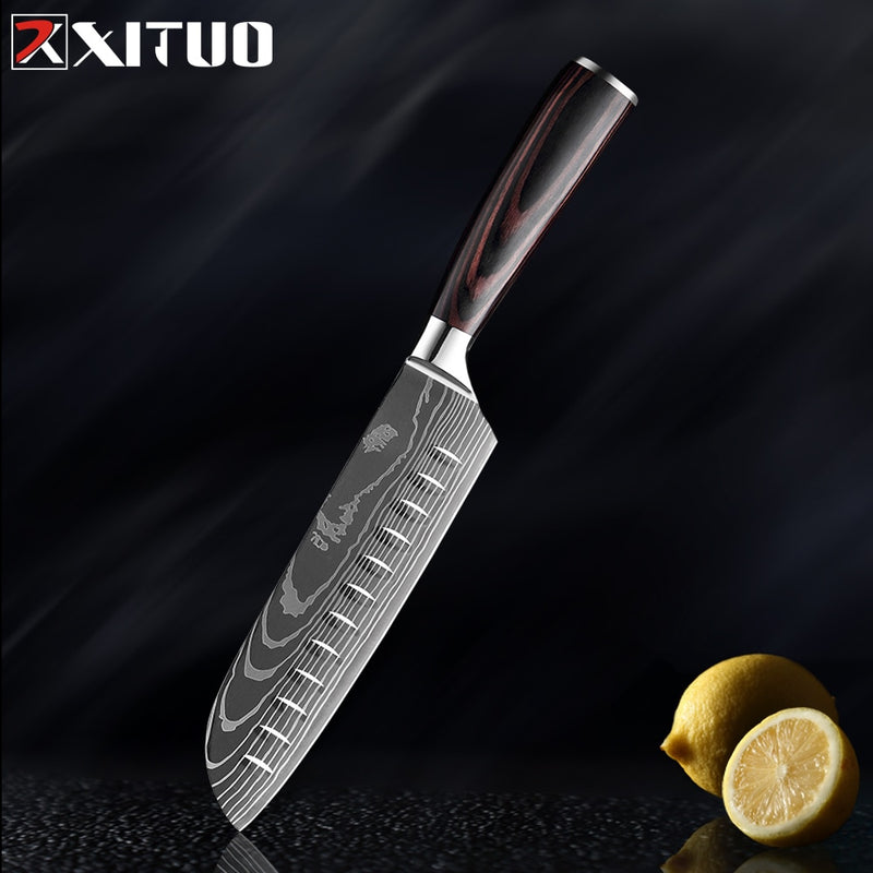 XITUO 8&quot; Professional Chef Kitchen Knife Sharp Stainless Steel Cleaver Laser Damascus Pattern Vegetable Santoku Tool 1-5PCS/SET