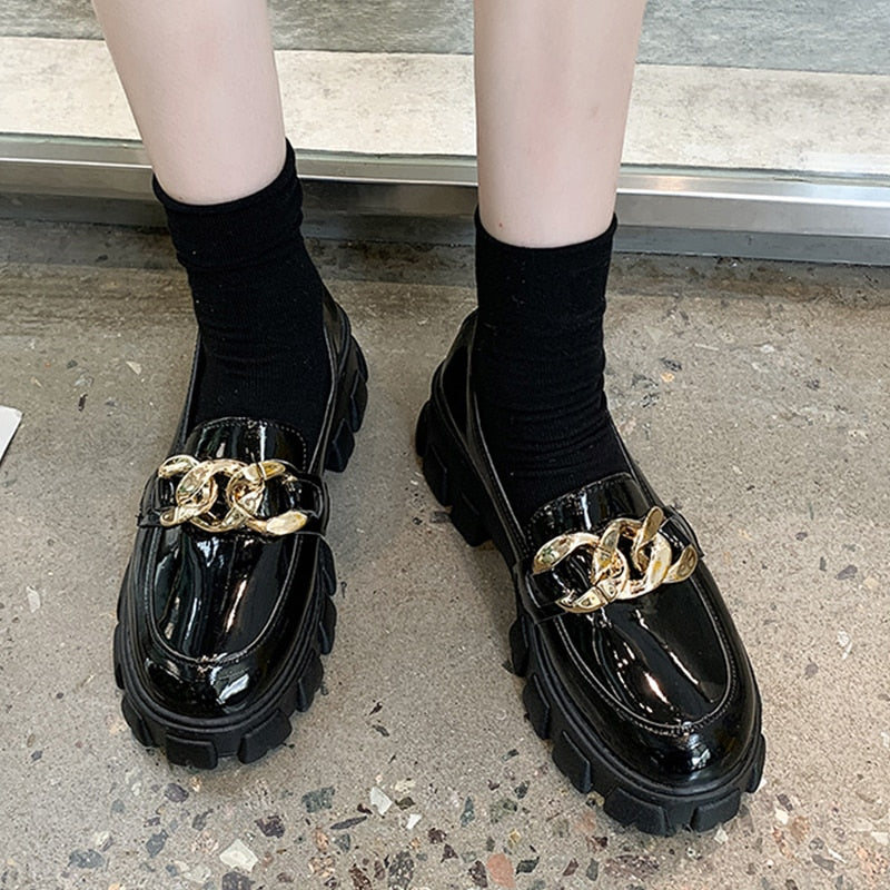 2022 Female Shoes Women Fashion Mary Janes Round Toe Flats Loafers Oxfords Platform Casual Metal Chain Buckle Ladies Heels Black