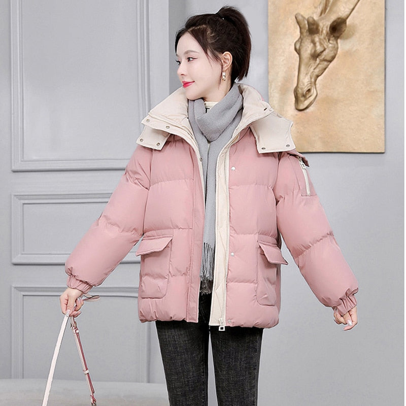 Women Autumn Winter Thicken Warm Parka Female Casual Solid Color Big Pocket Loose Hooded Short Coat Jackets Outwear