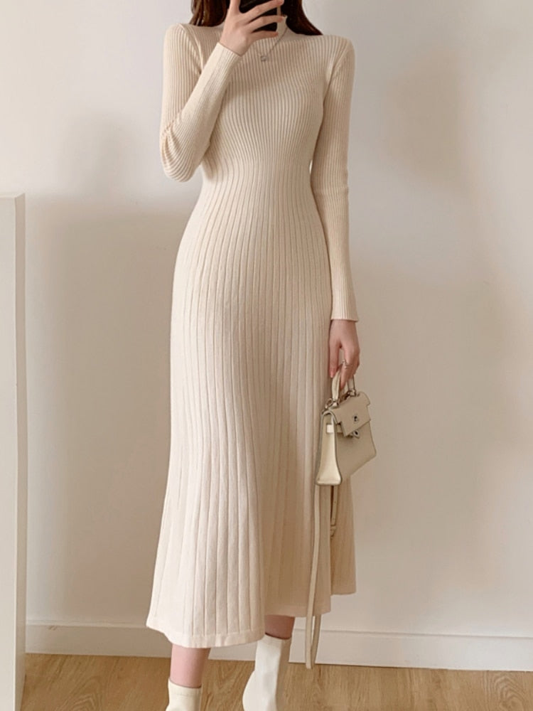 Autumn Winter 2022 Slim Long Sleeve Party Midi Dress for Women Knitted Half High Collar Elegant Knitted Sweater Dresses Ladies