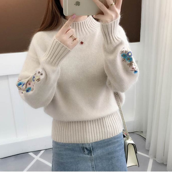 Fashion Stand Collar Solid Color Embroidery Sweater Women&#39;s Clothing 2022 Autumn New Loose Pullovers All-match Korean Tops