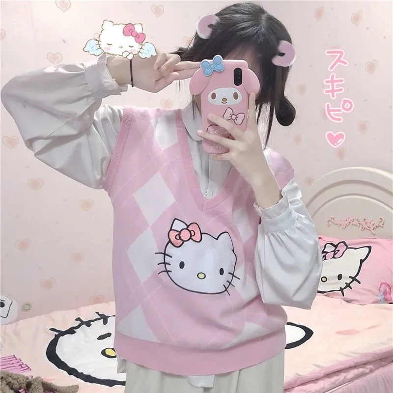 Kawaii Kuromi Cinnamoroll My Melody Sanrioes Wool Sweater V-Neck Waistcoat Vest Cute Women&