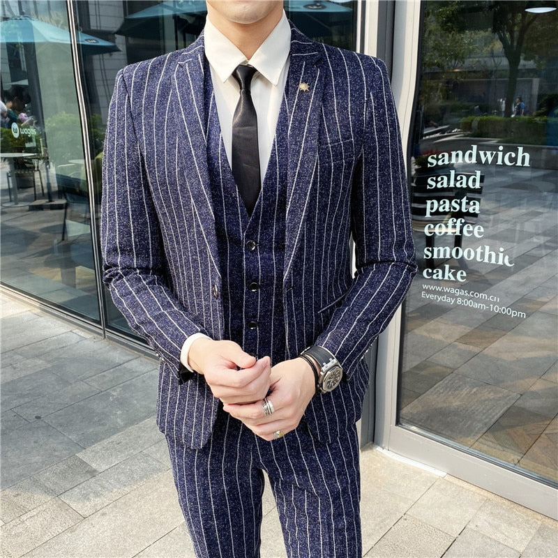 Boutique (Blazer + Vest + Trousers) Fashion Business Casual Gentleman Men's Italian Style Elegant Striped Slim Fit 3-Piece Set