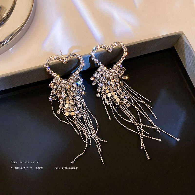 New Long Crystal Tassel Drop Earrings for Women Rhinestone Shiny Hanging Dangle Earrings Wedding Party Jewelry Gift 2022