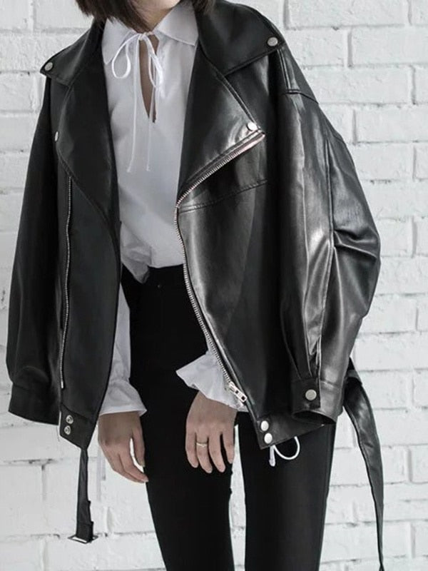 [EAM] High Quality 2022 Spring Black PU Leather Loose Turn-down Collar Zipper Fashion New Women's Wild Jacket LA938