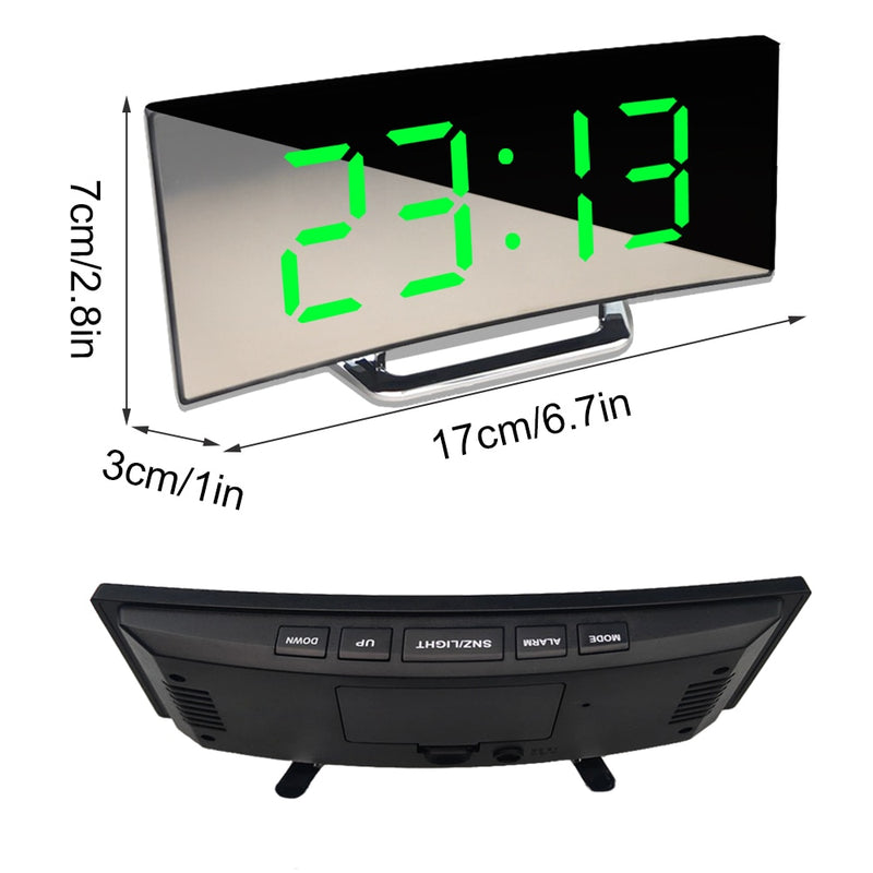 Led Alarm Clock Digital Child Electronic Alarm Clocks Curved Screen Mirror Temperature Clock with Snooze Function Desk Clock