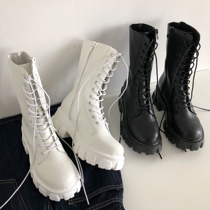 Women Mid Calf Boots Autumn Winter Boots Woman Fashion Lace-up Ladies Chelsea Zipper Botas Mujer Platform Heel Ladies Shoes