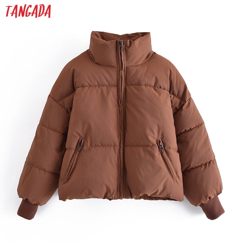 Tangada Women Solid Khaki Oversize Parkas Thick 2021 Winter Zipper Pockets Female Warm Elegant Coat Jacket 6A120