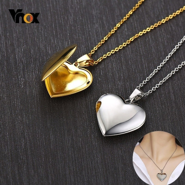 Vnox Light Heart Locket Pendants for Women Men Openable Photo Frame Glossy Stainless Steel Necklaces Family Love Collar