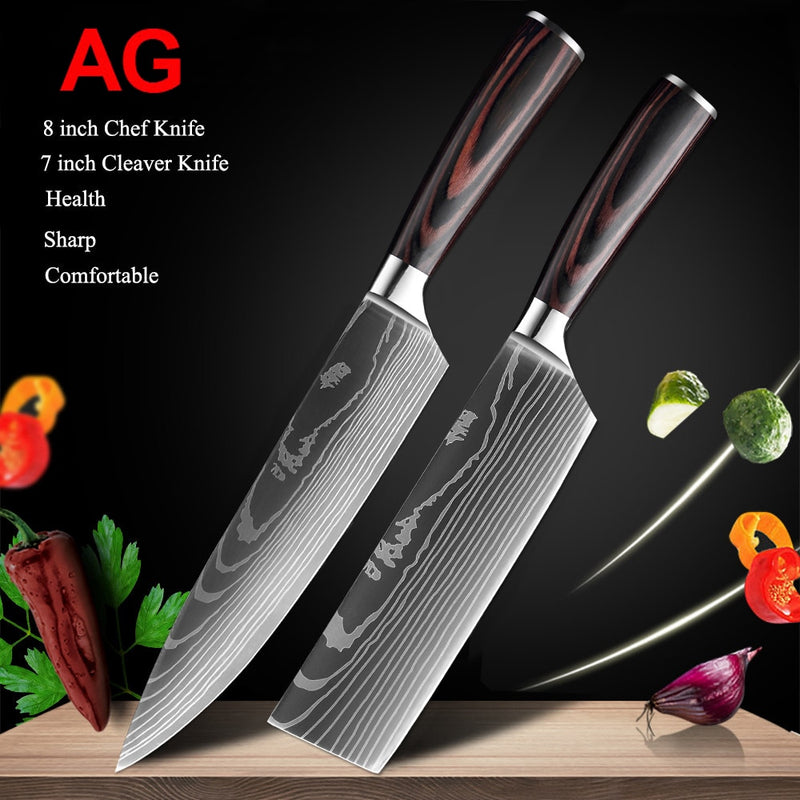 Japanese Kitchen Knife Set Laser Damascus Pattern Stainless Steel  Sharp Cleaver Slicing Utility Knives Kitchen Tools