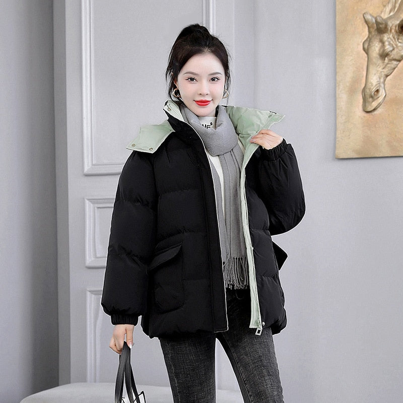 Women Autumn Winter Thicken Warm Parka Female Casual Solid Color Big Pocket Loose Hooded Short Coat Jackets Outwear