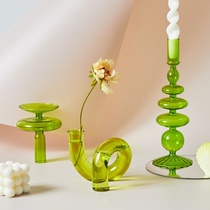 Lazzy House Candle Holders Decoration Wedding Nordic Green Glass Candlestick Home Decor Vases Christmas Gift Home Candles