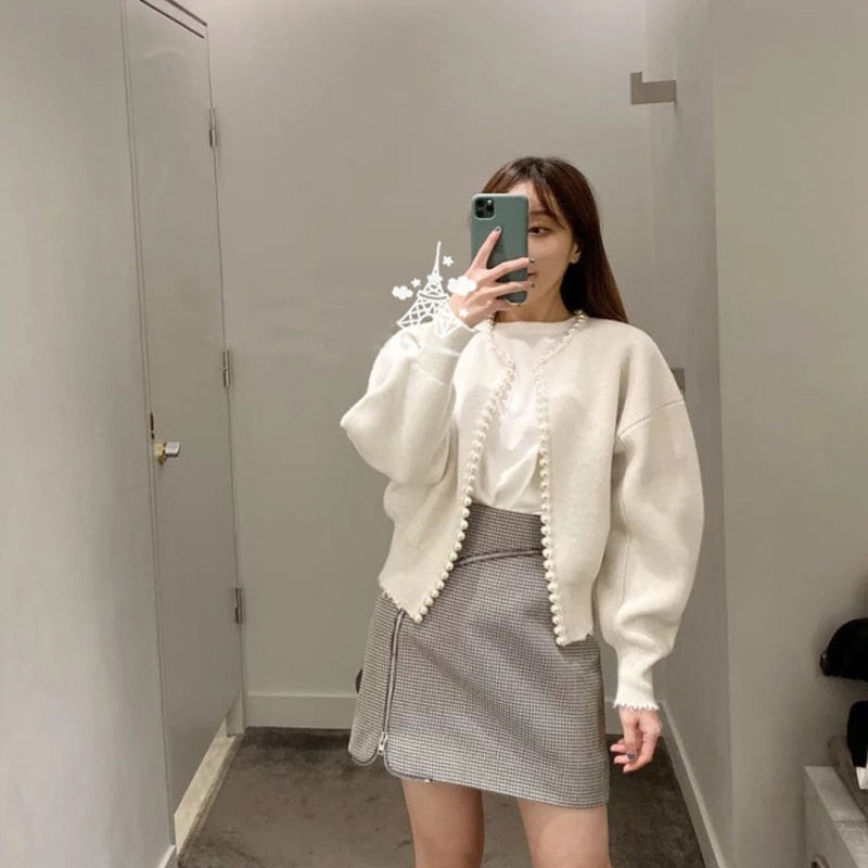 2022 New Fashion Korean Jackets Pearls Cardigan Batwing Sleeve Wool Knit Vintage Women&