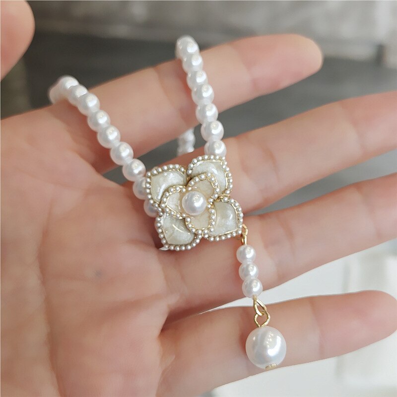 Pearl Pendants Necklace for Women Camellia High Quality Double Layers Long Chains Collares De Moda Number  Flower Party Jewelry