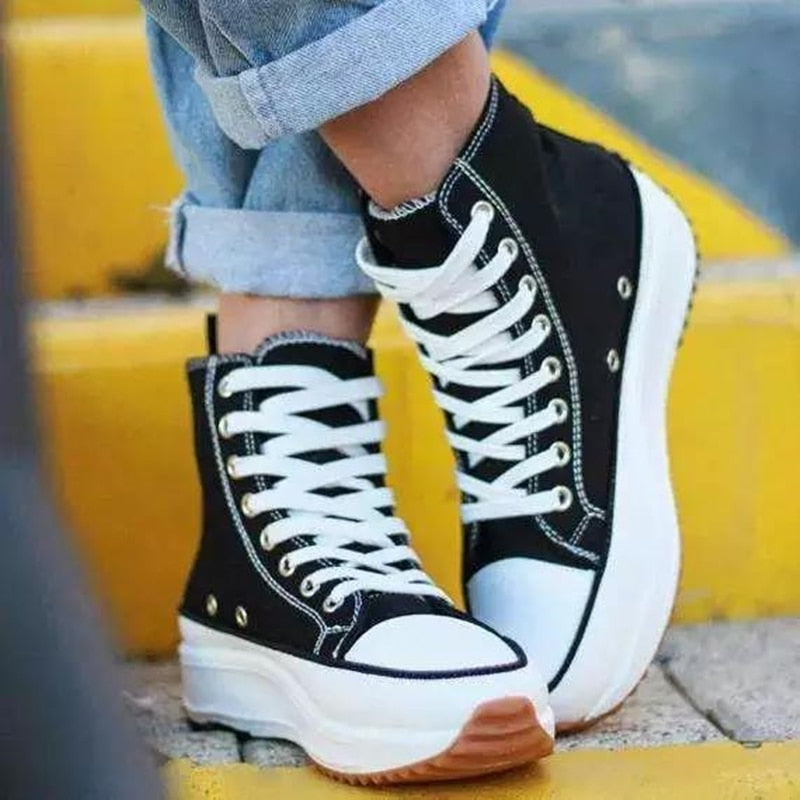 Women Canvas Shoes Lace-up Vulcanize White Black Fashion Thick Sole Free Shipping of Women Boots Sneakers Casual Shoes