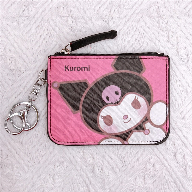 Kawaii  Sanrio Cartoon Bag Cinnamoroll Melody Pachacco Pom Pom Purin Kuromi Leather Card Holder Cute Coin Purse Keychain Pendant