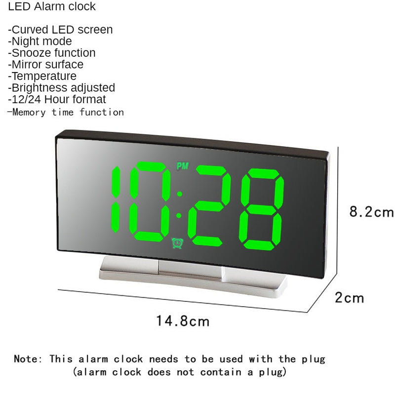 Led Alarm Clock Digital Child Electronic Alarm Clocks Curved Screen Mirror Temperature Clock with Snooze Function Desk Clock