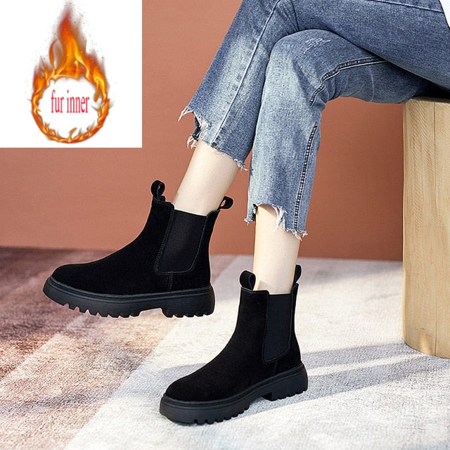 Chelsea Boots Chunky Boots Women Winter Shoes Cow Suede  Ankle Boots Black Female Autumn Fashion Platform Booties