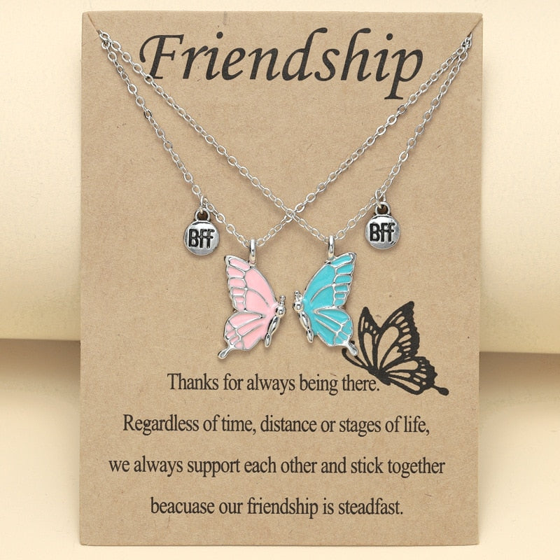 2PCS Best Friend Butterfly Necklaces BFF Friendship Necklace for 2 Girls Lover Couple Necklace Long Distance Birthday Gifts