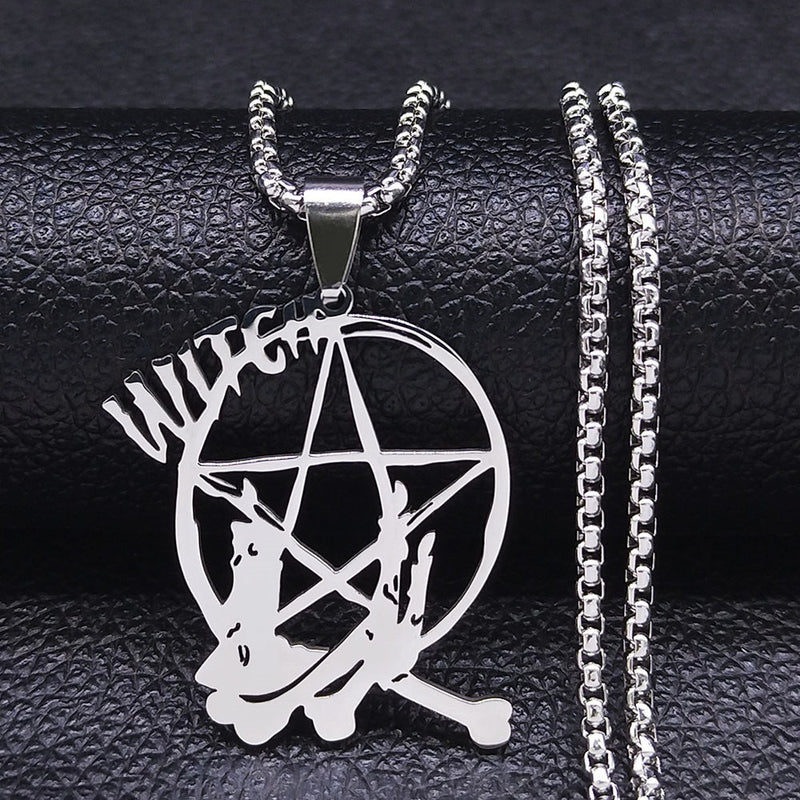 Witch Broom Cat Stainless Steel Necklace Women Witchcraft Silver Color Witches&