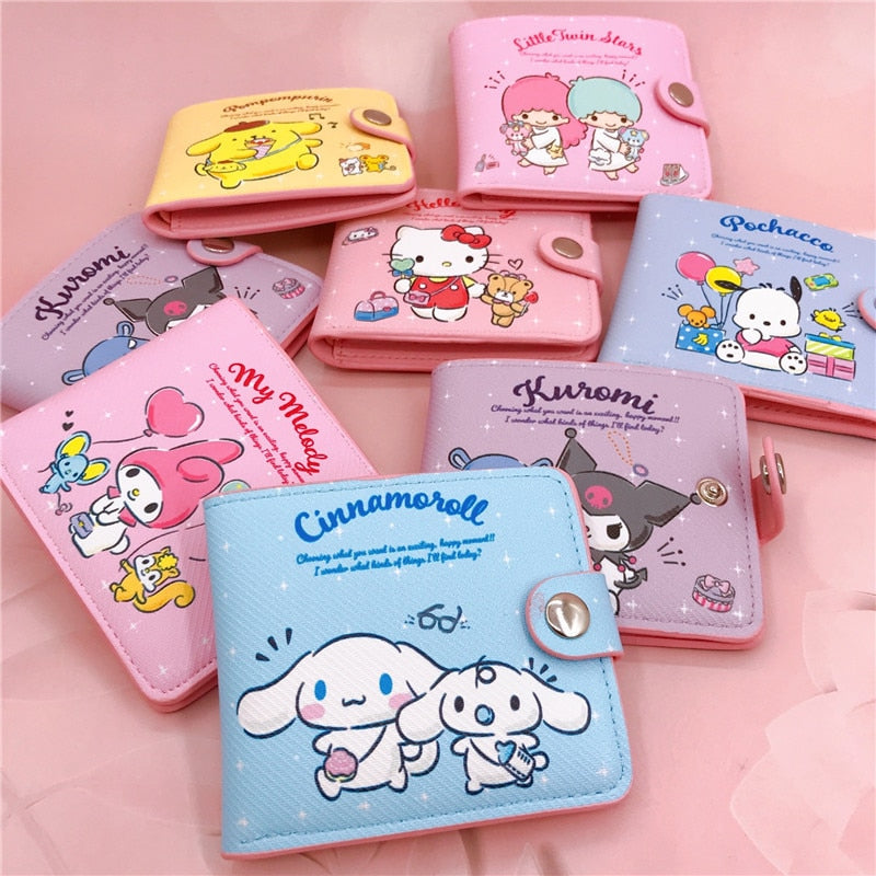 Kawaii Hello Kitty Cinnamoroll My Melody Kuromi Sanrios New Pu Casual Money Bag Coin Purse Card Holder Wallet with Buttons