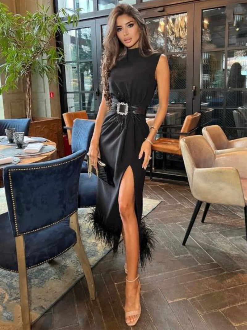 Fashion Black Feather Split Midi Dress 2022 New Summer Women's Sexy Sleeveless Belted Celebrity Club Party Dress Vestidos