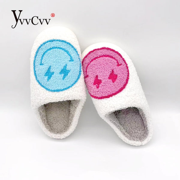 YvvCvv Smile Face Fluffy Fur Slippers Women Warm Plush Memory Foam Slide Slippers Home 2022 Winter Soft Indoor Shoes House