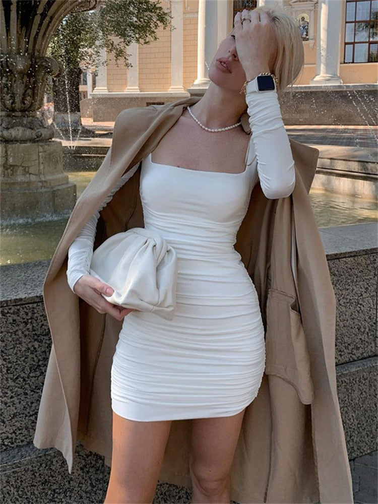 Side with Me Square Collar Long Sleeve Bodycon Sexy Mini Women Dresses 2022 Summer Party Club Elegant Folds Robe Dress for Women