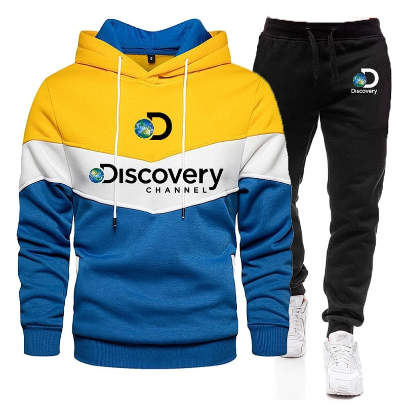 New Autumn/Winter Discovery Channel Patchwork Warm Sportswear Set Men's Hoodie + Sports Pants Set White Black Red Yellow