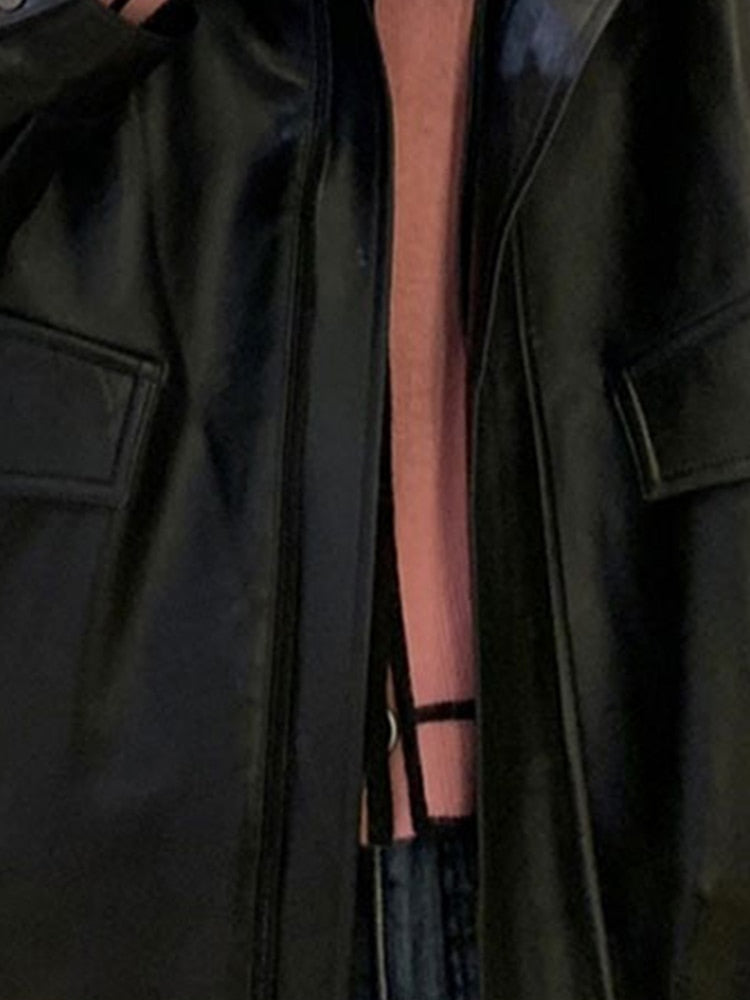 Lautaro Spring Autumn Cool Retro Casual Oversized Black Waterproof Soft Faux Leather Jackets for Women Zipper Elastic Waist 2022