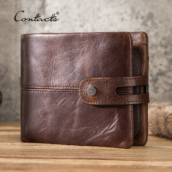 CONTACT&#39;S Casual Men Wallets Crazy Horse Leather Short Coin Purse Hasp Design Wallet Cow Leather Clutch Wallets Male Carteiras