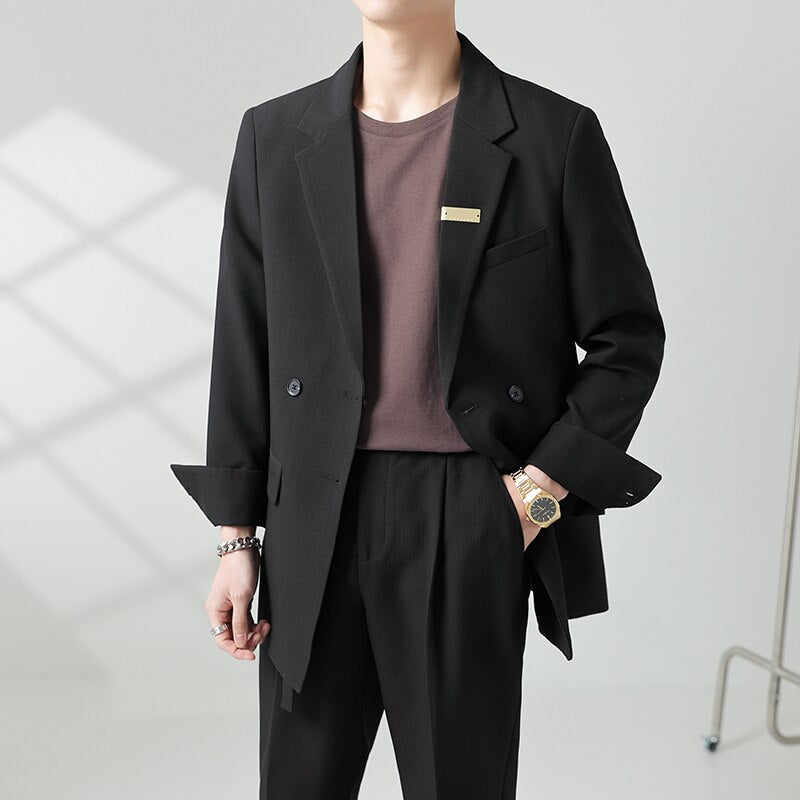 Double Breasted Blazer Men Streetwear Vintage Casual Blazers Korean Fashion Office Dress Suit Jacket Blazer Male Coat Wedding