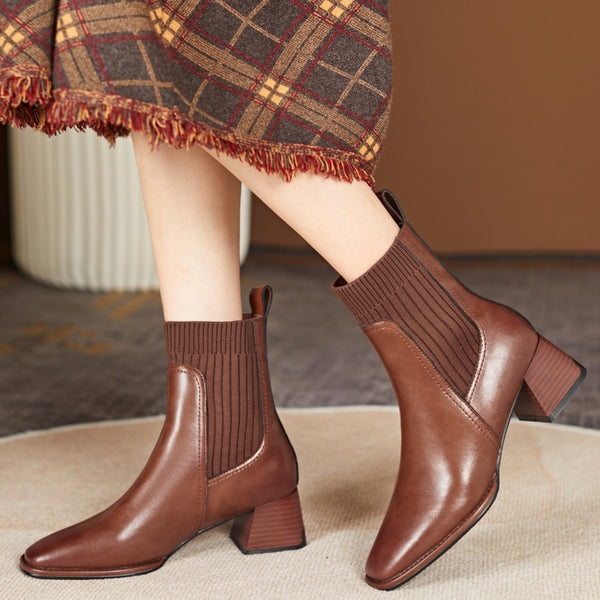 Office Ladies Casual Women Ankle Boots 2022 Autumn Winter Concise Genuine Leather Knitting Thick High Heels Basic Shoes