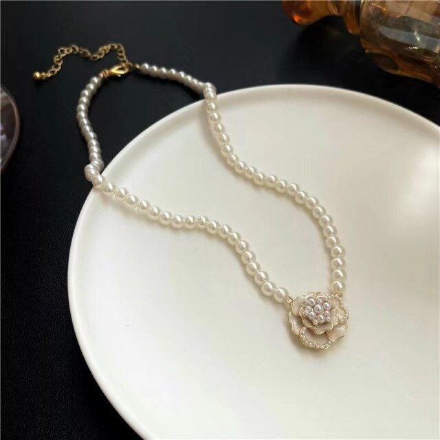 Pearl Pendants Necklace for Women Camellia High Quality Double Layers Long Chains Collares De Moda Number  Flower Party Jewelry