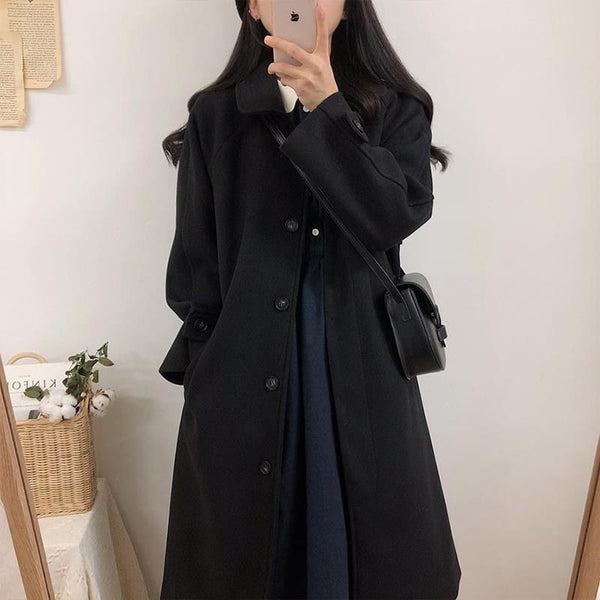 Women Wool Blends Coats Long Elegant Single Breasted Female Leisure Slim Autumn Outwear High Quality Overcoats Black All-match