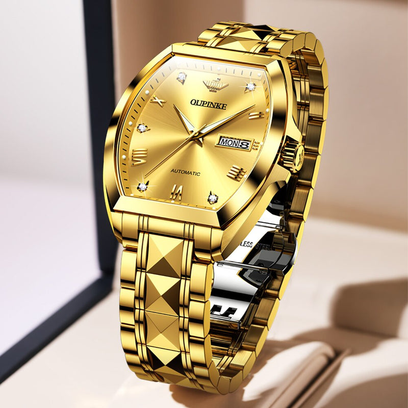 OUPINKE Men Gold Luxury Dress Watches Automatic Mechanical Tonneau Sapphire Crystal Tungsten Steel Date Waterproof Luminous Gift