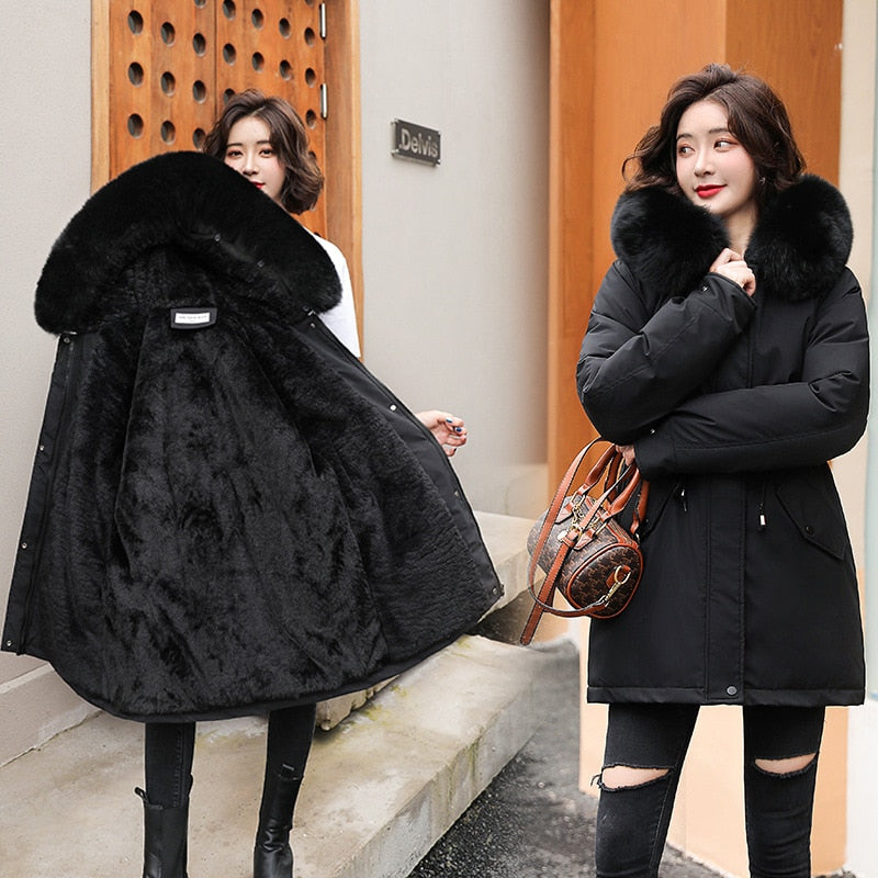 2022 New Winter Jacket Women Parka Fashion Long Coat Wool Liner Hooded Parkas Slim With Fur Collar Warm Snow Wear Padded Clothes