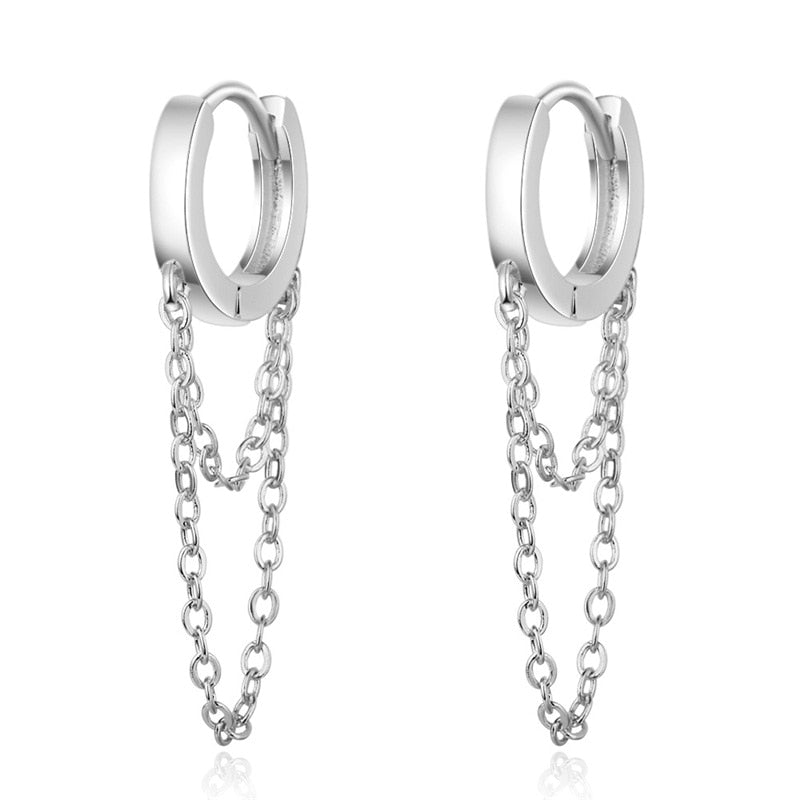 Silver Colour Double Layer Chain Tassel Hoop Earrings For Women INS Popular Cold Style Women Fashion Jewelry 2022 New