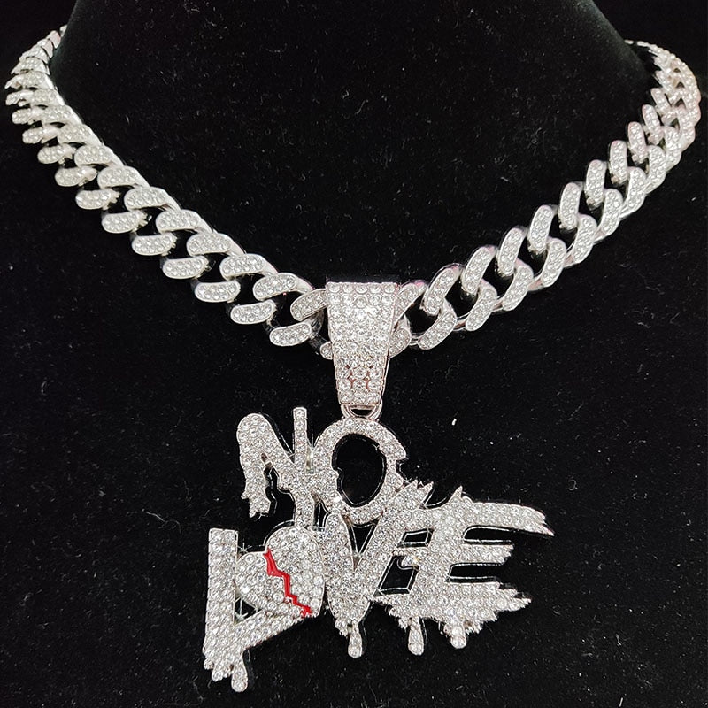 Hip Hop Cuban Chains NO LOVE Necklace Pendants for Men and Women Heart Broke Statement Necklaces Jewelry Iced Out Bling Chain