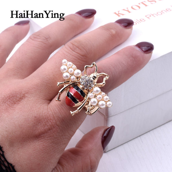 New Fashion Women Animal Bee Rings Pearl Party Wedding Female Jewelry Gold Colour  Adjustable  Trend Rings  Unique Like Gift