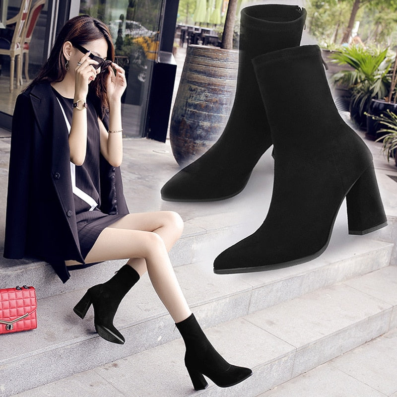 Ankle Chunky High Heel Sock Chelsea Boots Women Autumn Fashion Pointed Frosted Suede Short Boots Female Pumps Sexy Warm Boots