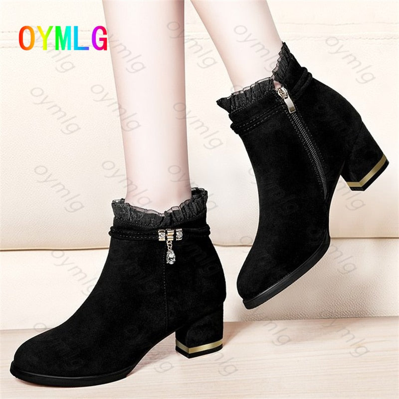 2021 spring, autumn and winter suede short boots thick heel women&