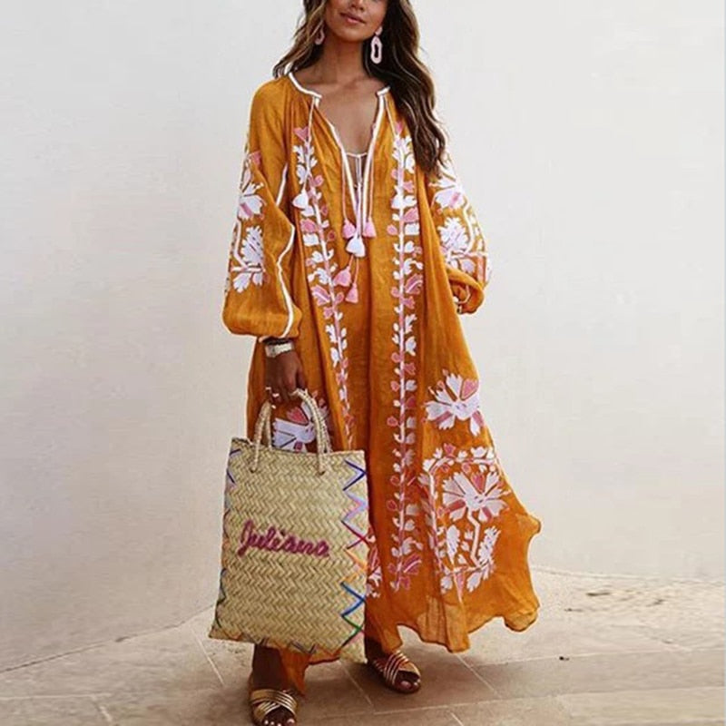 Vestido Spring Summer Women's Boho Dress Fashion Elegant Sexy V-Neck Retro Digital Printed Tassel Puff Sleeve Mid Length Dresses